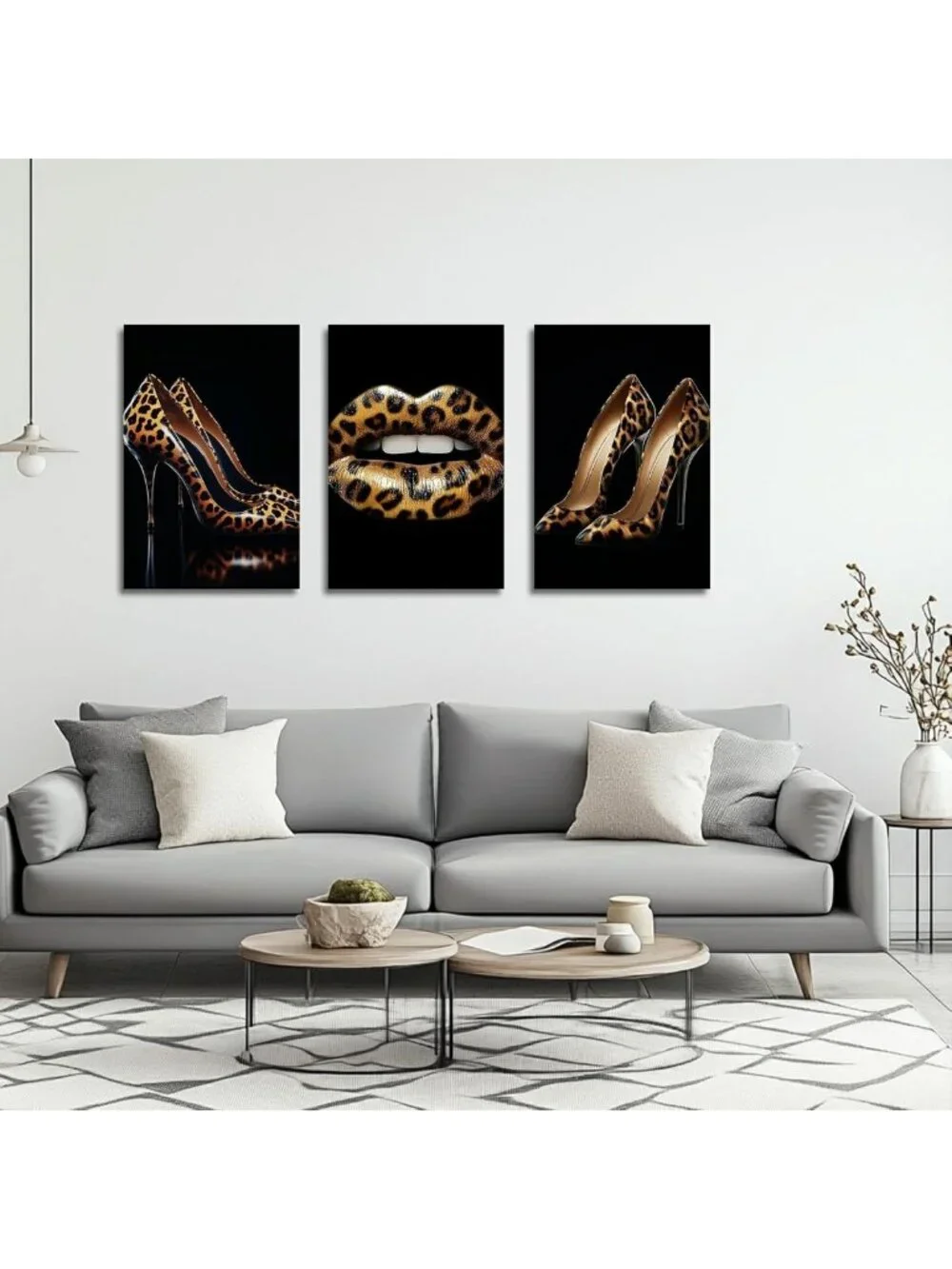3-Piece Canvas Wall Art Set - Leopard Lips & High Heels Prints for Makeup Room